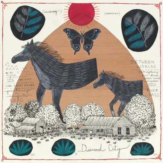 A drawing of horses and a butterfly