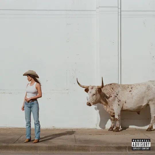 A woman standing next to a bull