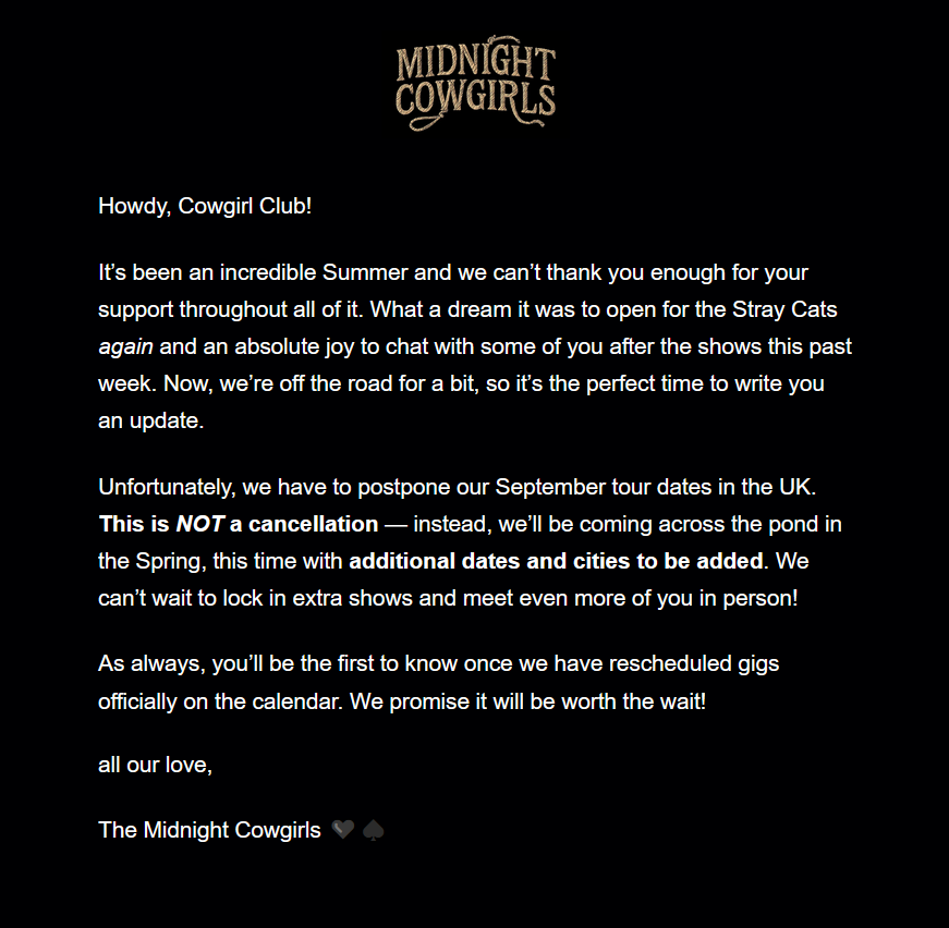The Midnight Cowgirls Postpone UK Tour Until Spring 2027